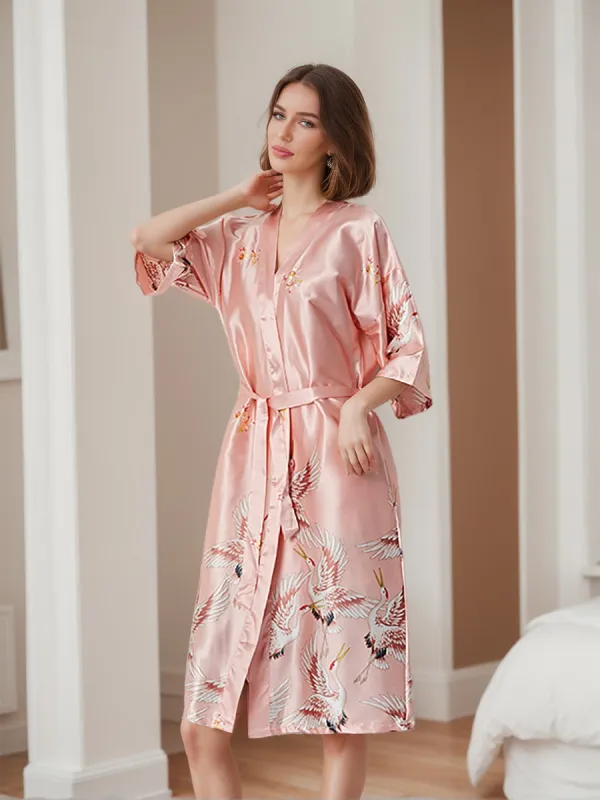 Women's Printed Cranes Half Sleeves Pink Bridal Robes sold by Lavetir