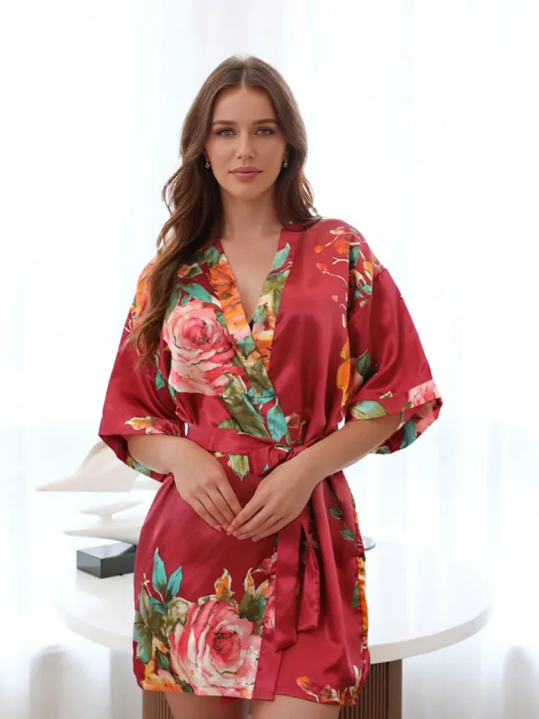 Red Printed Peony Half Sleeves Short Women's Bridesmaid Robes sold by Lavetir