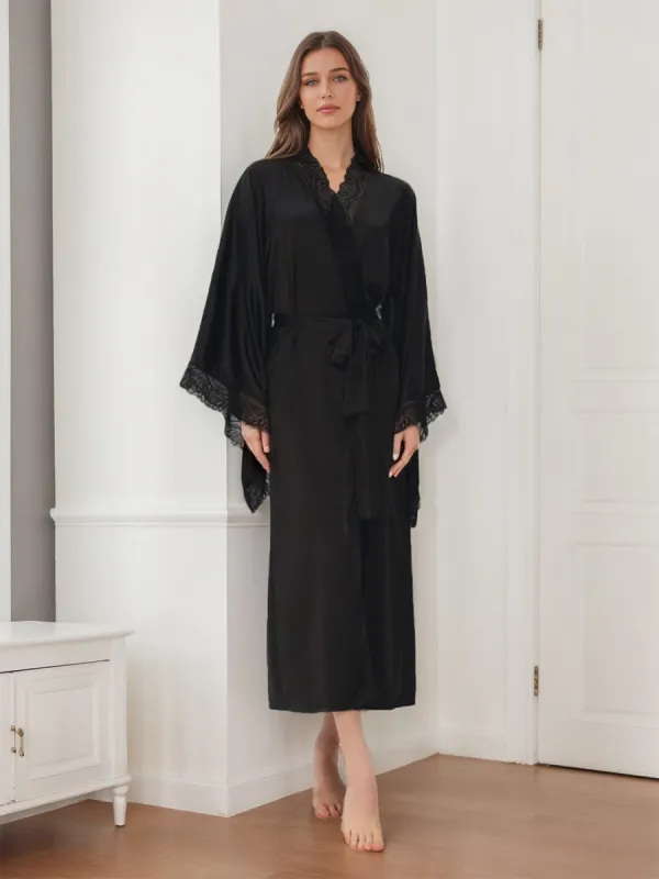 Luxurious Solid Colored Long Women's Bridal Robe with Lace Trim sold by Lavetir