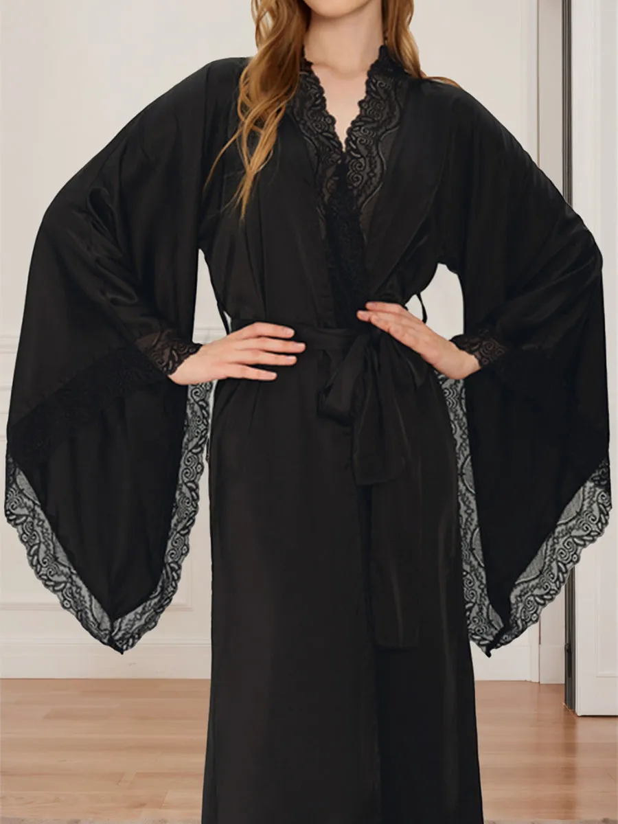 Luxurious Solid Colored Long Women's Bridal Robe with Lace Trim sold by Lavetir product image thumbnail 3