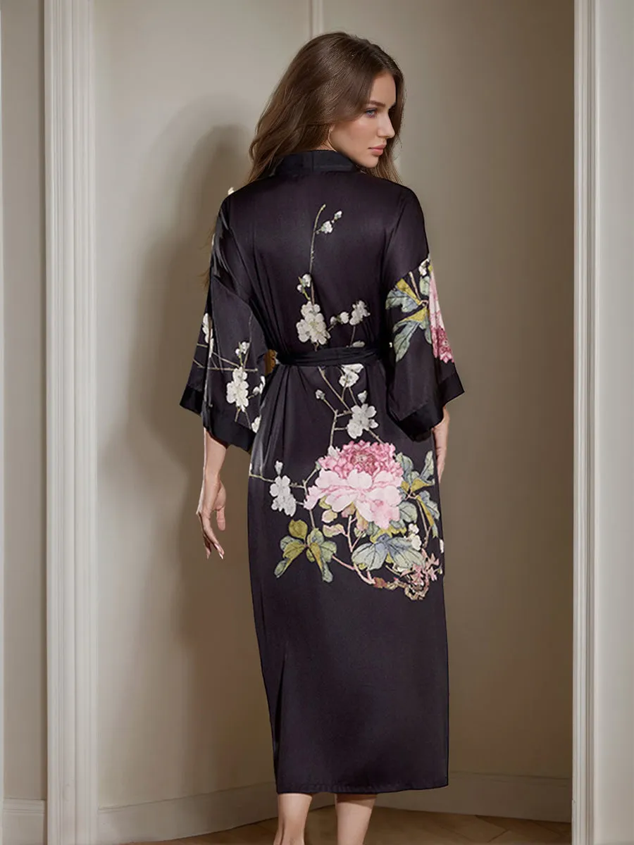 Women's Black Printed Peony 3/4 Sleeves Long Bride Robe sold by Lavetir product image thumbnail 2