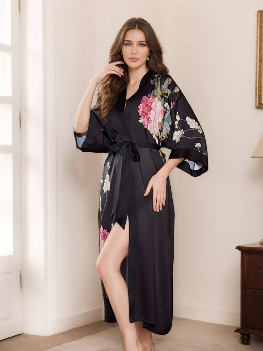 Women's Black Printed Peony 3/4 Sleeves Long Bride Robe sold by Lavetir