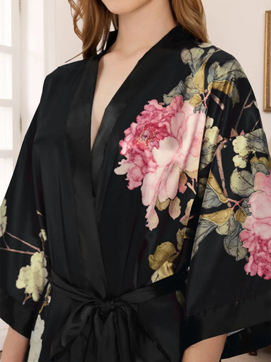 Women's Black Printed Peony 3/4 Sleeves Long Bride Robe sold by Lavetir product image thumbnail 3