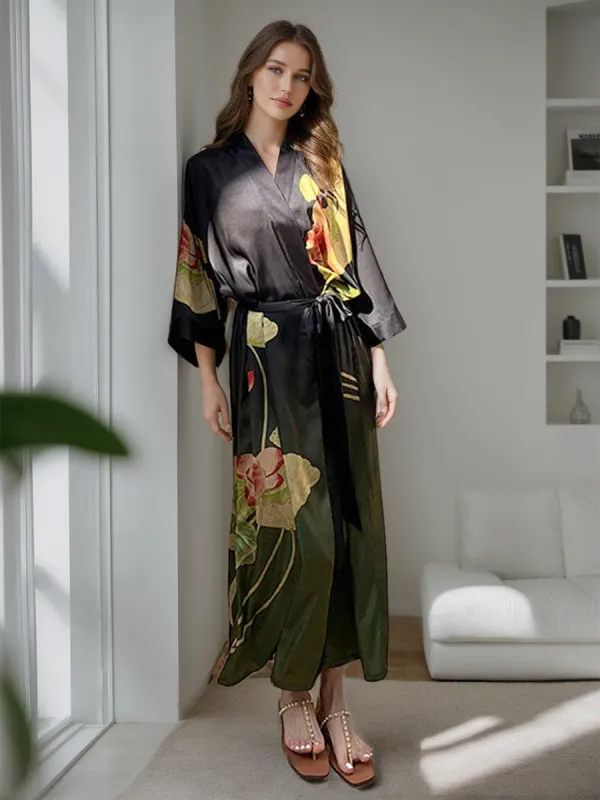 Green Printed Lotus 3/4 Sleeves Long Women's Robe sold by Lavetir