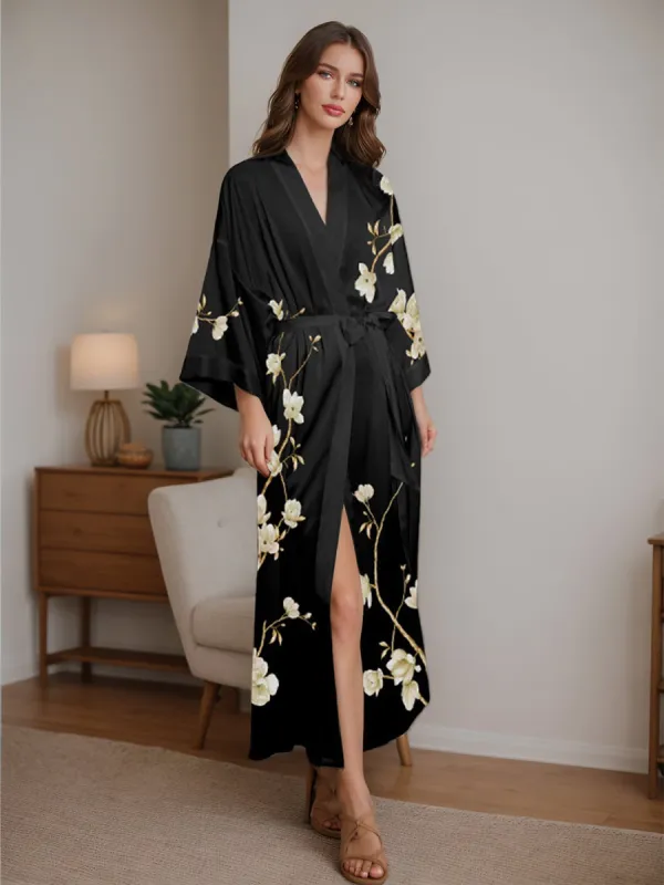 Black Printed Magnolia 3/4 Sleeves Long Women's Robe sold by Lavetir