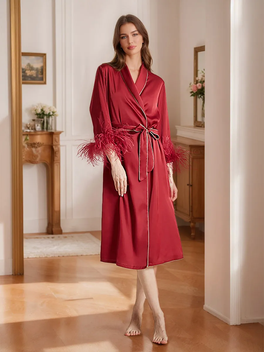 Wine Red Tea-Length High-End Women's Robes with Feather sold by Lavetir