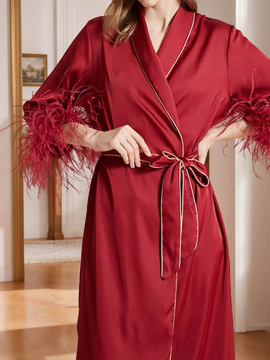 Wine Red Tea-Length High-End Women's Robes with Feather sold by Lavetir product image thumbnail 3