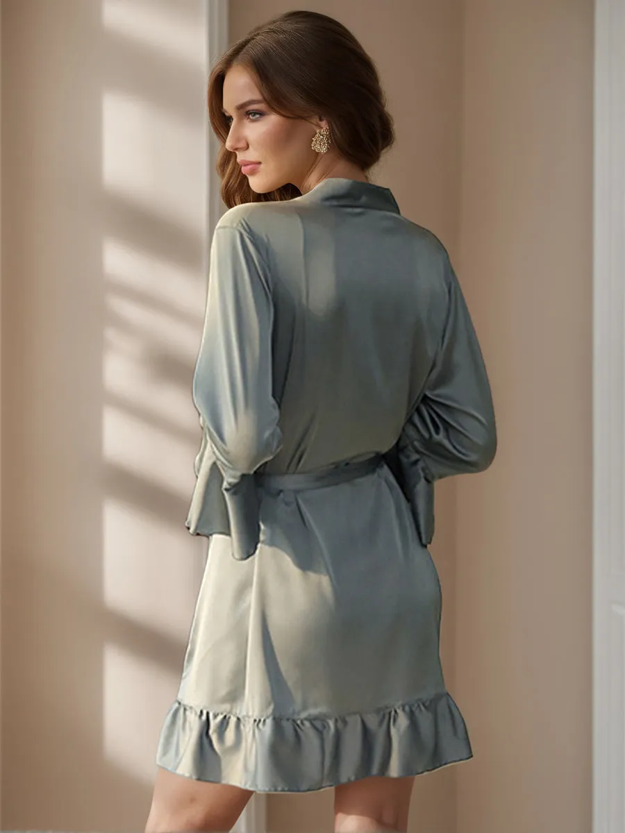 Solid Color Sexy Silk Satin Short/Mini Women's Robes with Ruffles sold by Lavetir product image thumbnail 2