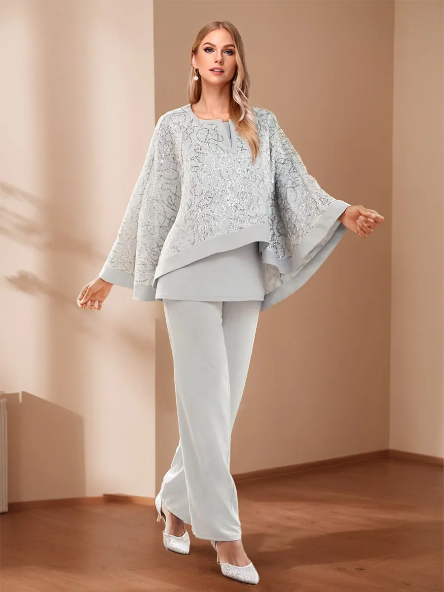 Chiffon Crew Neck Long Sleeves 3 Piece Mother of the Bride Pantsuits with Sequins sold by Lavetir