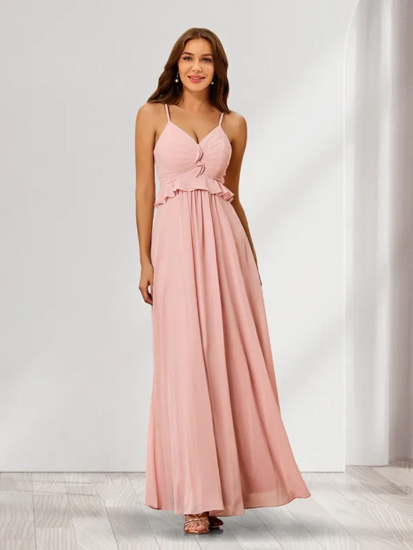 A-Line/Princess Spaghetti Straps Ruched Chiffon Bridesmaid Dresses with Ruffles sold by Lavetir