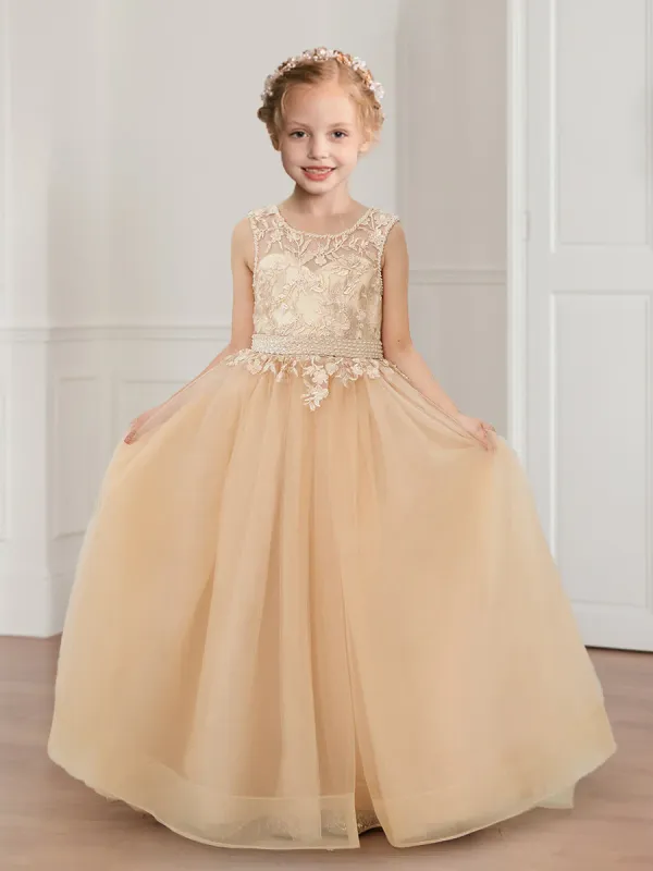 Ball-Gown/Princess Scoop Appliques Tulle Flower Girl Dresses with Detachable Train sold by Lavetir