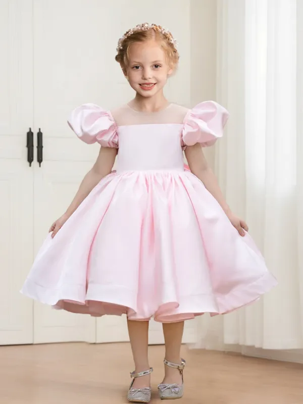 A-Line/Princess Crew Neck Puff Sleeves Knee-Length Satin Flower Girl Dresses sold by Lavetir