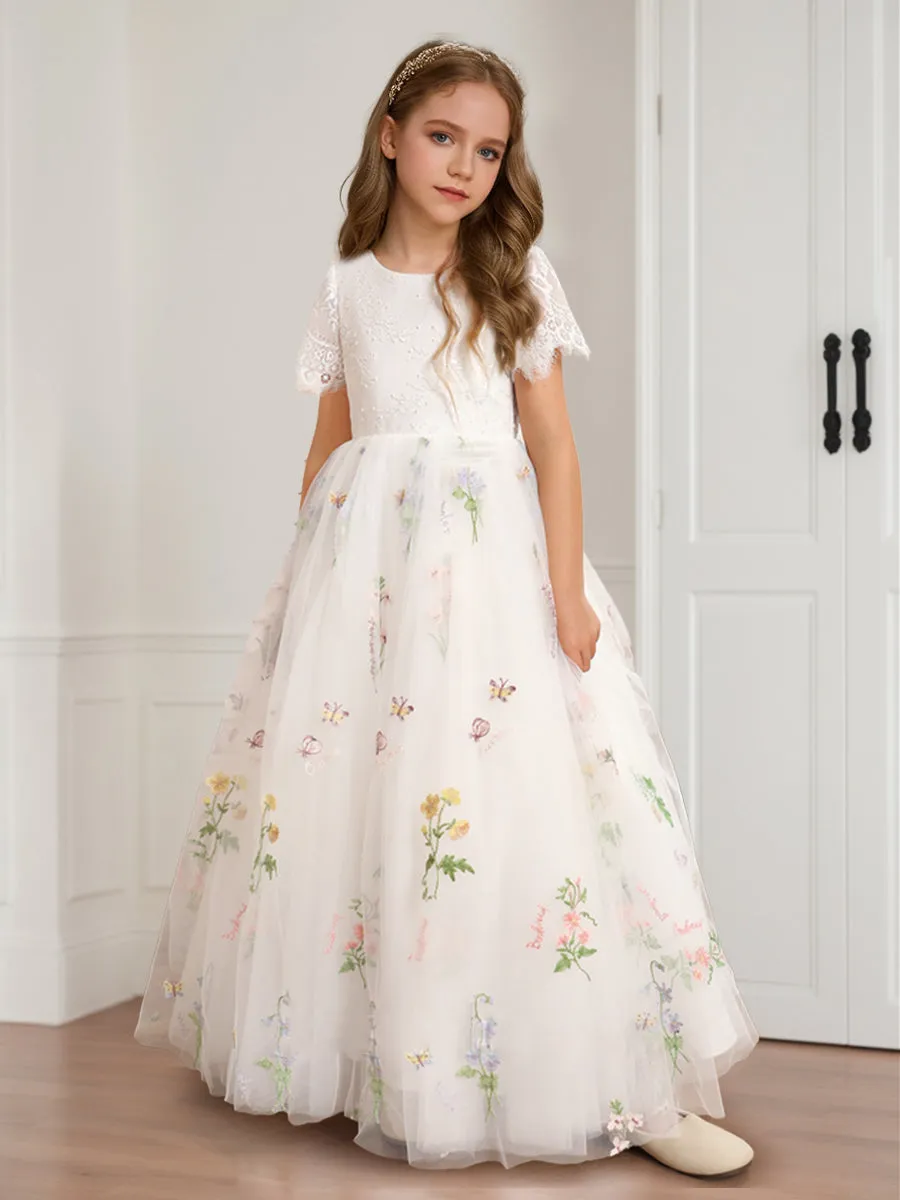 A-Line/Princess Scoop Floor-Length Lace Flower Girl Dresses with Floral Embroidery sold by Lavetir