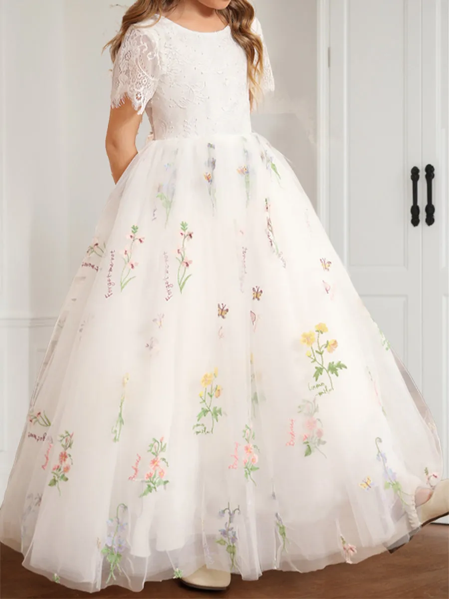 A-Line/Princess Scoop Floor-Length Lace Flower Girl Dresses with Floral Embroidery sold by Lavetir product image thumbnail 3