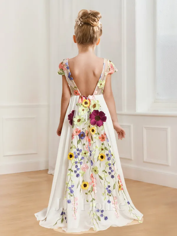 A-Line/Princess V-Neck Floor-Length Chiffon Flower Girl Dresses with Floral Appliques sold by Lavetir