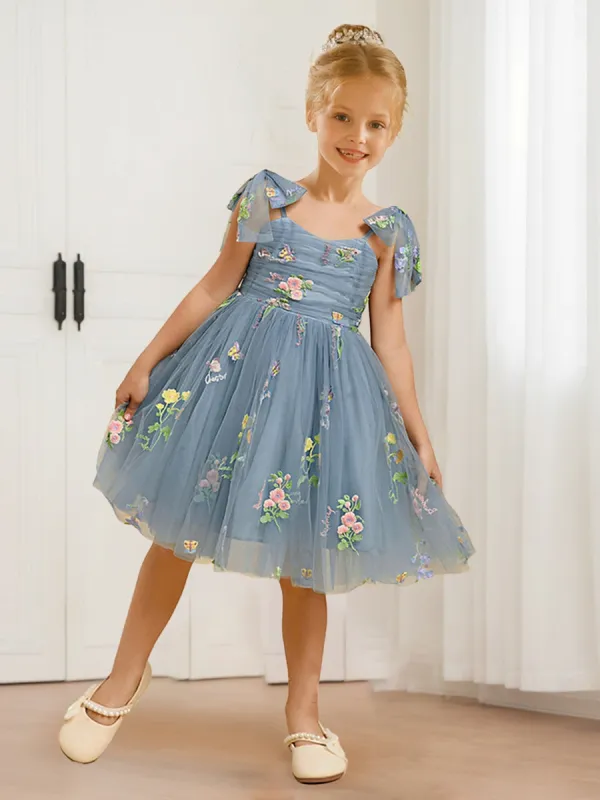 A-Line/Princess V-Neck Tie Shoulder Tulle Flower Girl Dresses with Floral Embroidery sold by Lavetir