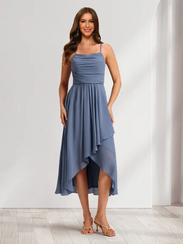 A-Line/Princess Straps Tea-Length Asymmetrical Chiffon Bridesmaid Dresses sold by Lavetir