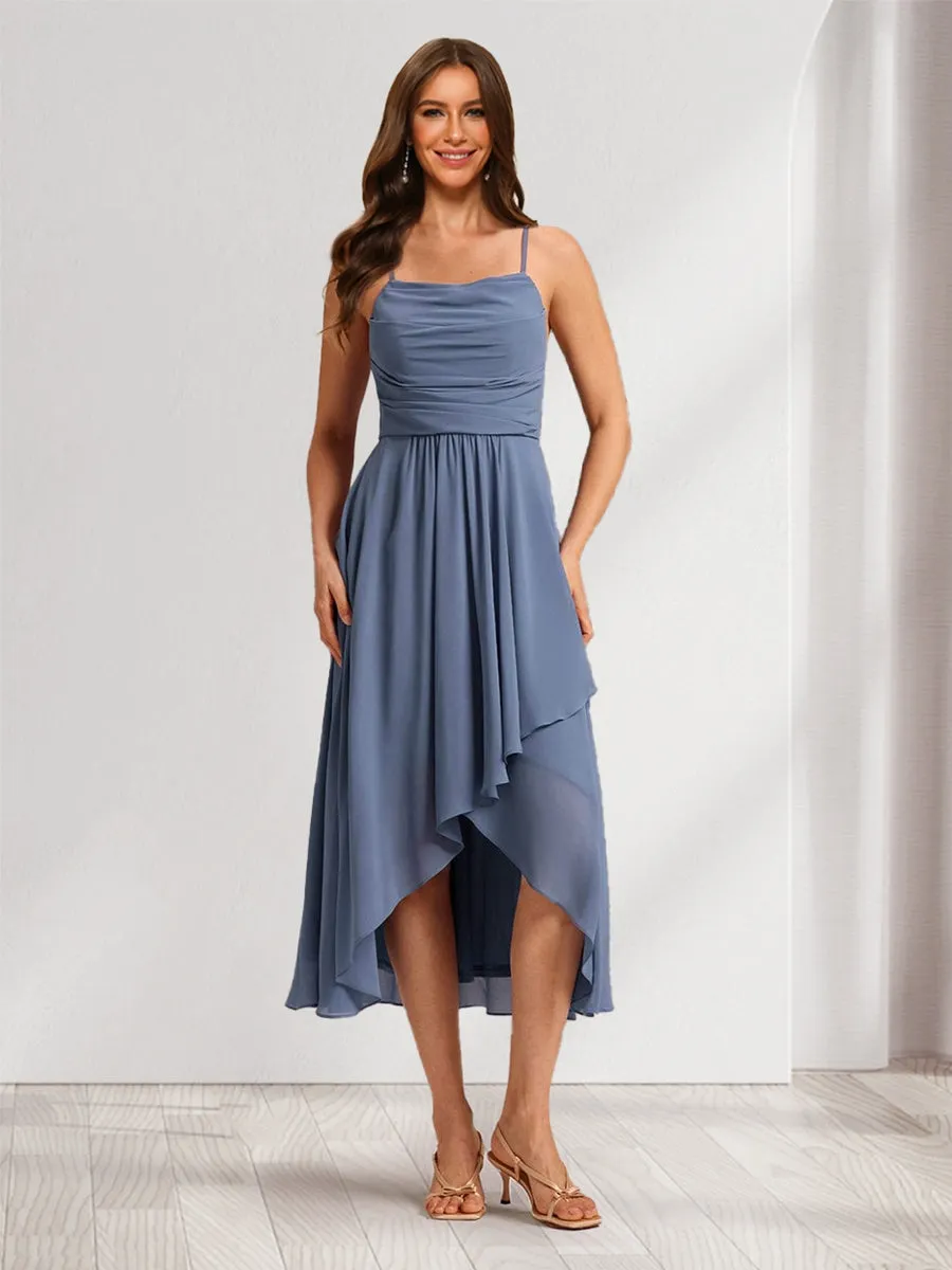 A-Line/Princess Straps Tea-Length Asymmetrical Chiffon Bridesmaid Dresses sold by Lavetir