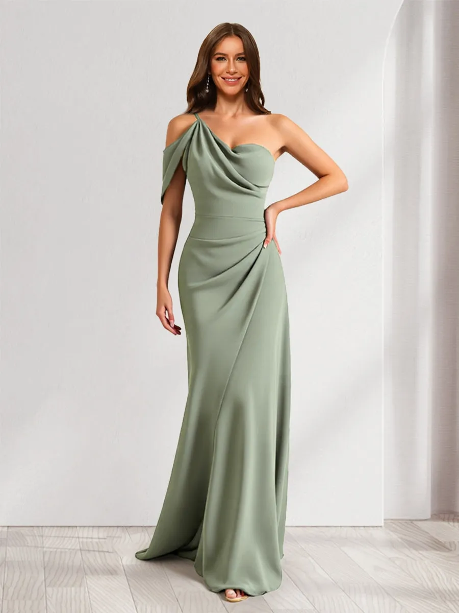 Sheath/Column Asymmetrical One-Shoulder Ruched Long Bridesmaid Dresses sold by Lavetir