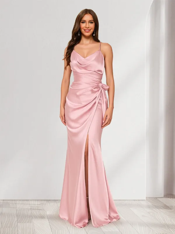 Sheath/Column Straps Cowl Neck Ruched Long Bridesmaid Dresses with Split Side sold by Lavetir