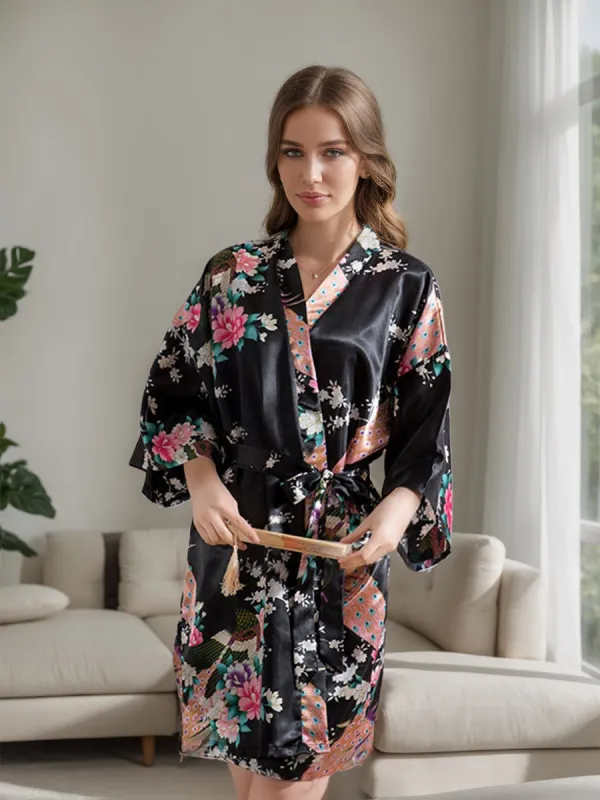 Black 3/4 Sleeves Knee-Length Printed Peacock Women's Robes sold by Lavetir