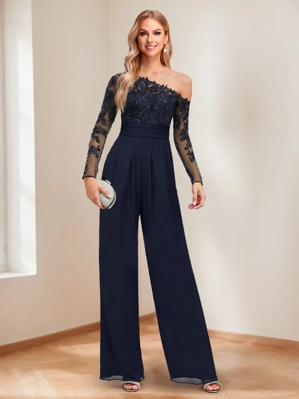 Jumpsuits One-Shoulder Long Mother of the Bride Pantsuits with Appliques & Sequins sold by Lavetir