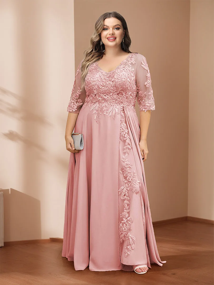 A-Line/Princess V-Neck Plus Size Mother of the Bride Dresses with Appliques & Watteau Train sold by Lavetir