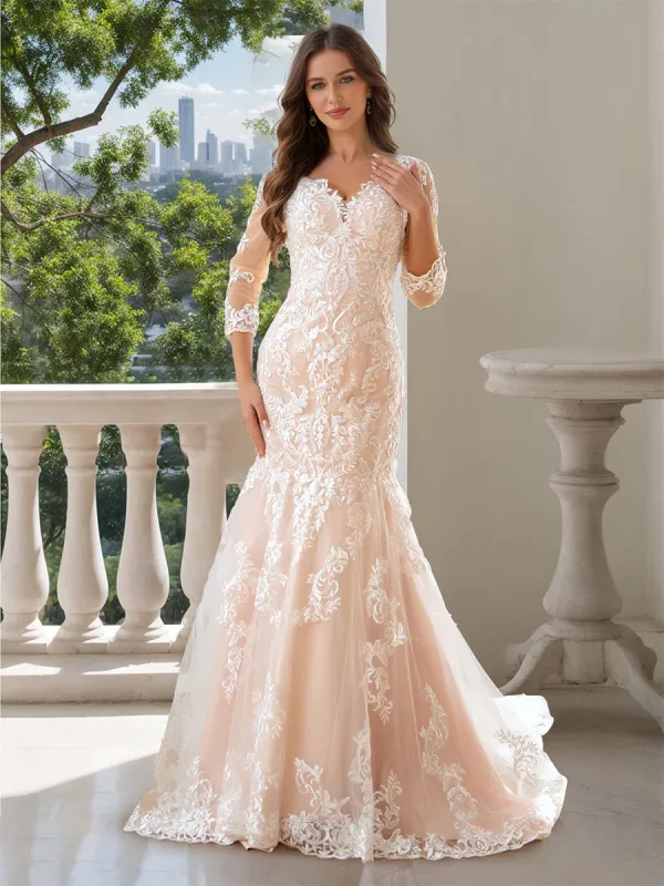 Trumpet/Mermaid V-Neck 3/4 Sleeves Wedding Dresses with Lace Appliques sold by Lavetir
