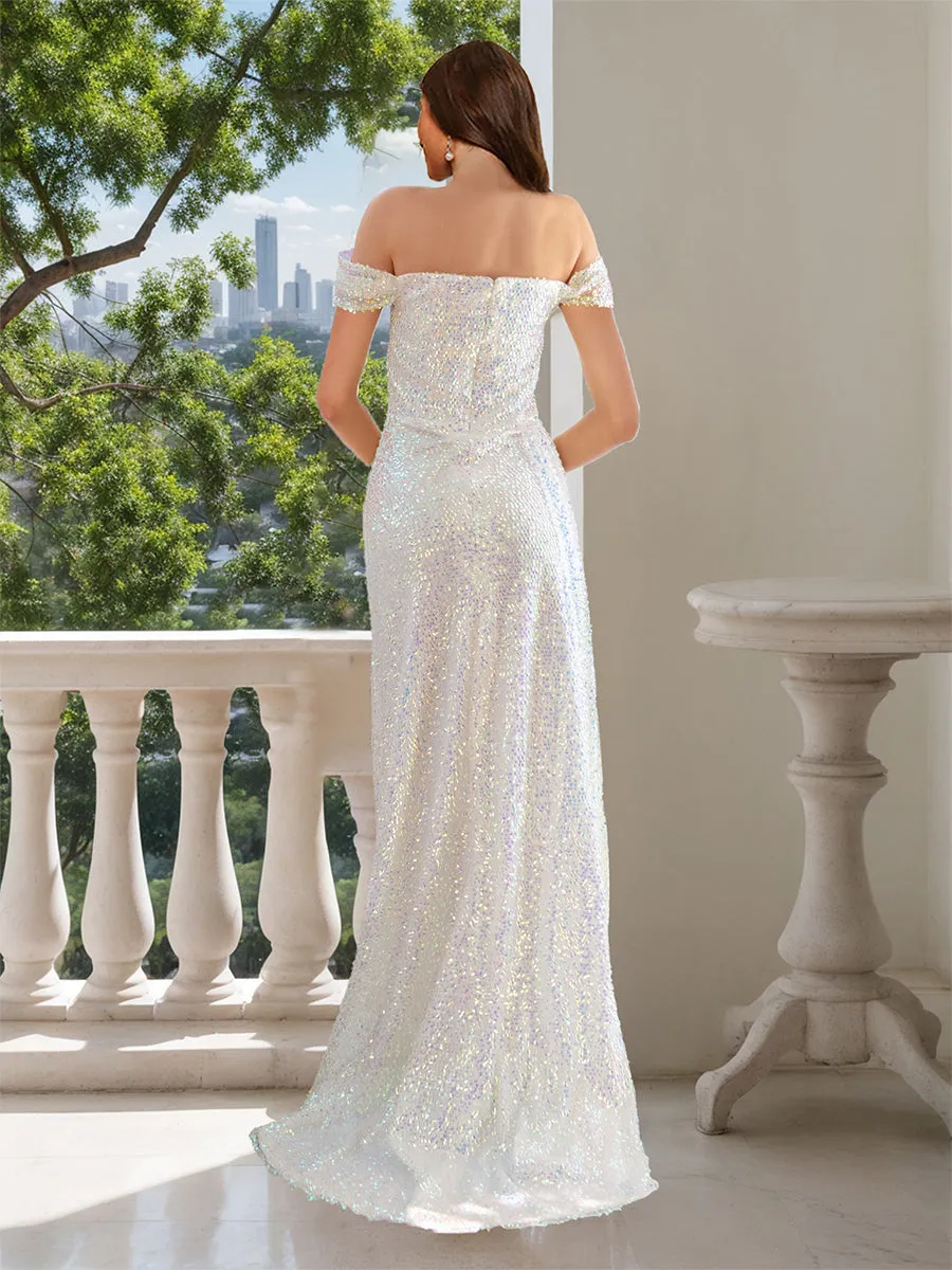 Sheath/Column Off-the-Shoulder Sparkling Wedding Dresses with High Split sold by Lavetir product image thumbnail 2