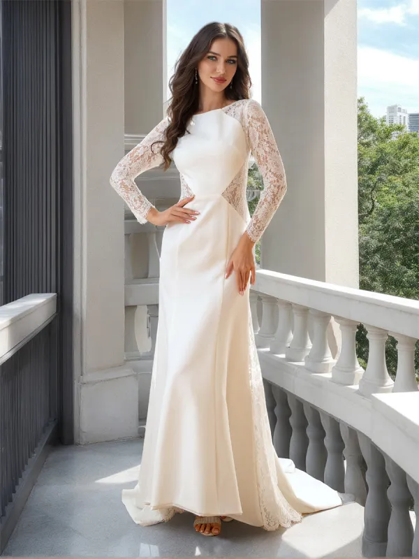 A-Line/Princess Scoop Long Sleeves Wedding Dresses with Lace sold by Lavetir
