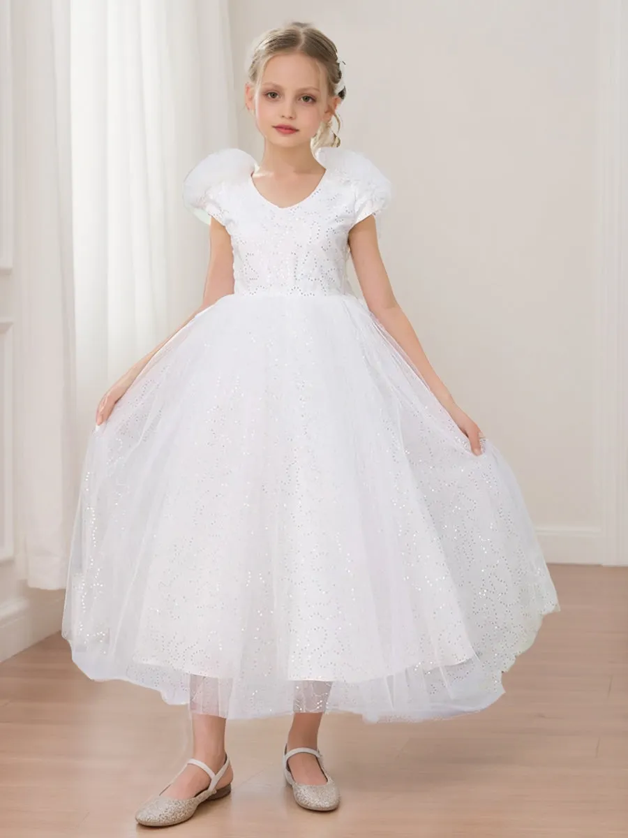 Ball-Gown/Princess V-Neck Cap Sleeves Sequined Flower Girl Dresses with Bow sold by Lavetir