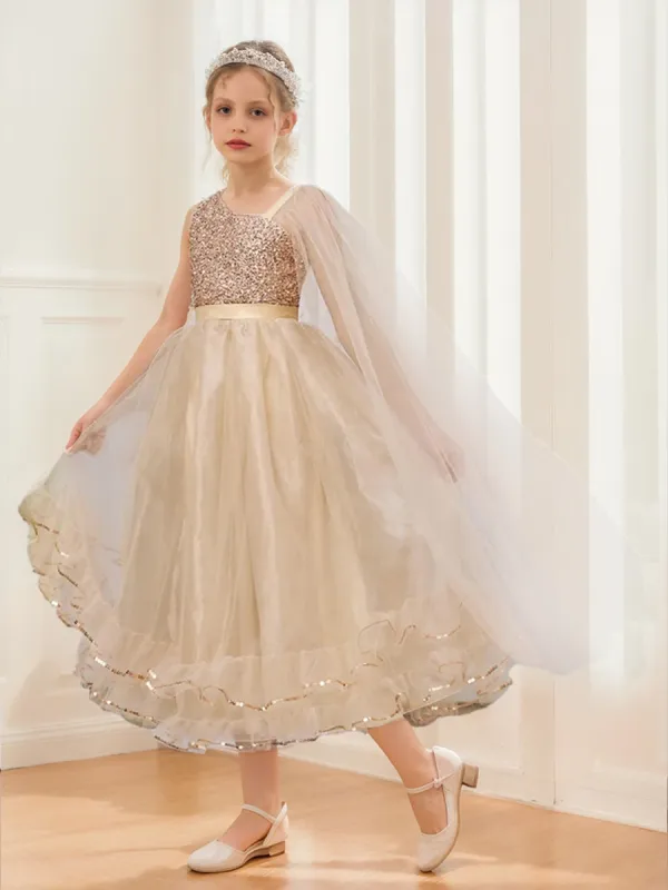 Ball-Gown/Princess Asymmetrical One-Shoulder Sleeveless Sequin Girl Party Dresses with Cape sold by Lavetir