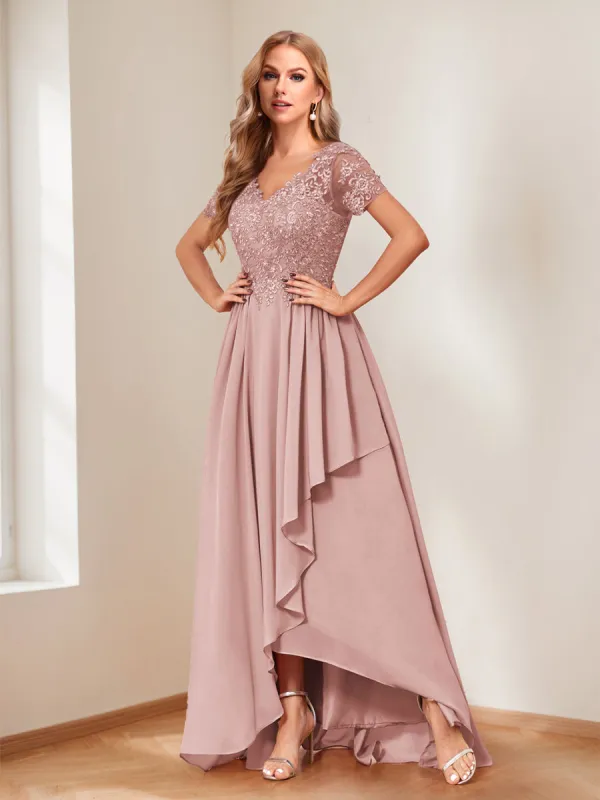 A-Line/Princess V-Neck Short Sleeves Mother of the Bride Dresses with Appliques & Ruffles sold by Lavetir