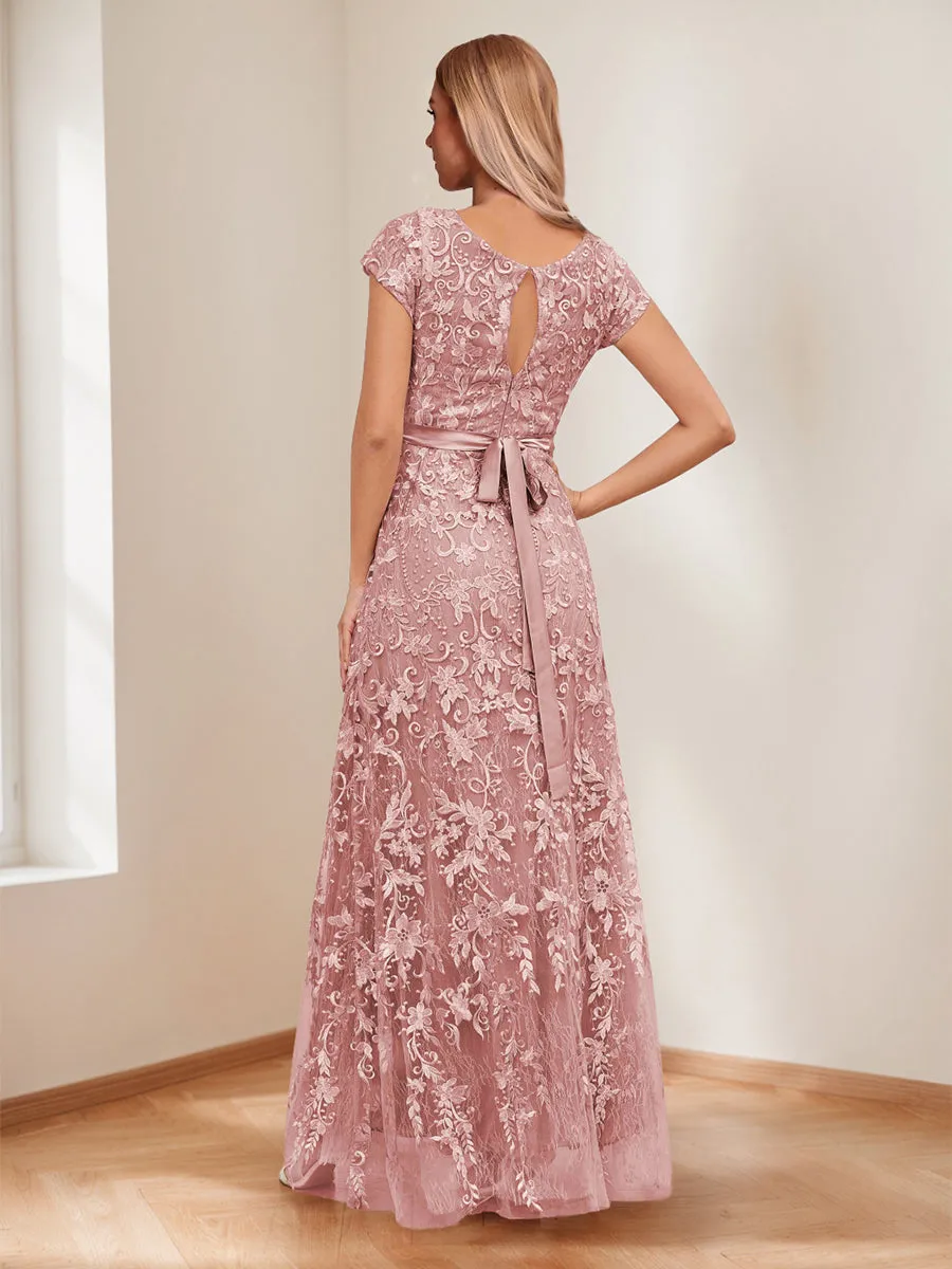 A-Line/Princess Scoop Short Sleeves Mother of the Bride Dresses with Appliques & Beading sold by Lavetir product image thumbnail 2