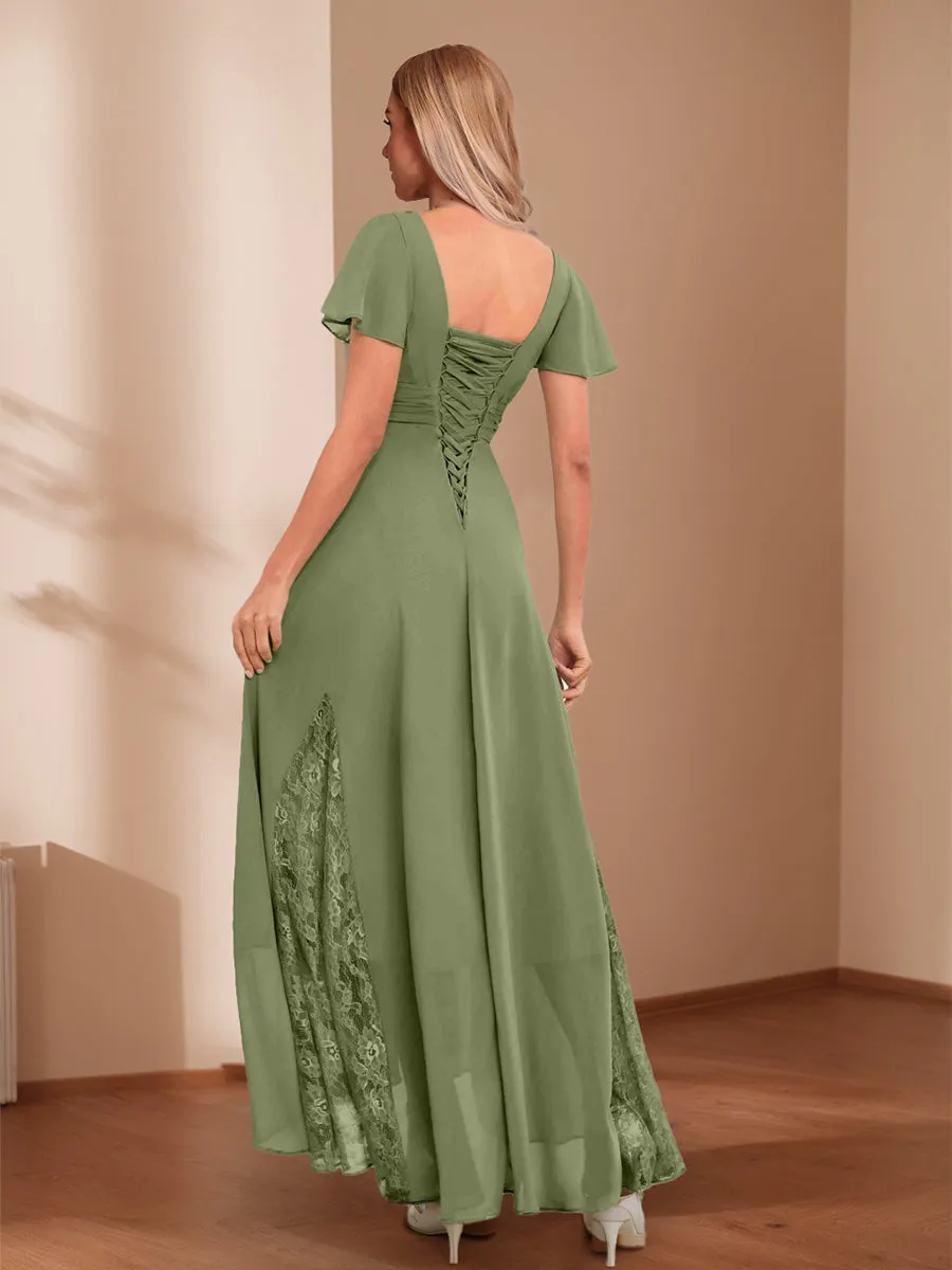 A-Line/Princess V-Neck Ruched Asymmetrical Mother of the Bride Dresses with Lace Appliques sold by Lavetir product image thumbnail 2