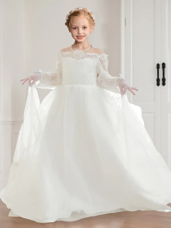 Ball-Gown/Princess Off-the-Shoulder Lace Tulle Girl Party Dresses with Long Sleeves sold by Lavetir