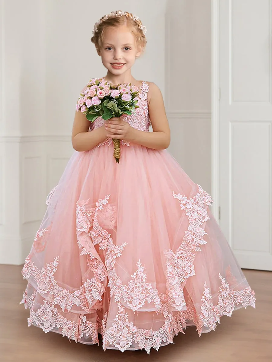 Ball-Gown/Princess Scoop Tulle Flower Girl Dresses with Appliques sold by Lavetir