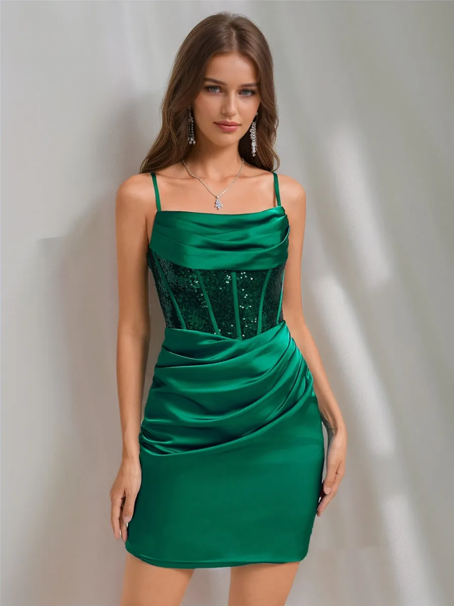 Sheath/Column Cowl Straps Sleeveless Ruched Short Homecoming Dresses with Sequins sold by Lavetir