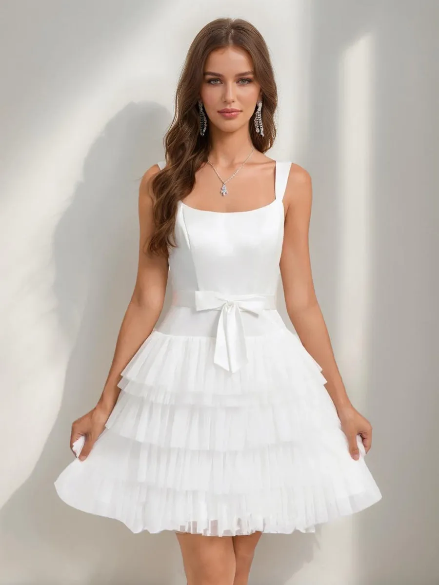 A-Line/Princess Square Sleeveless Tiered Short Homecoming Dresses with Bow sold by Lavetir