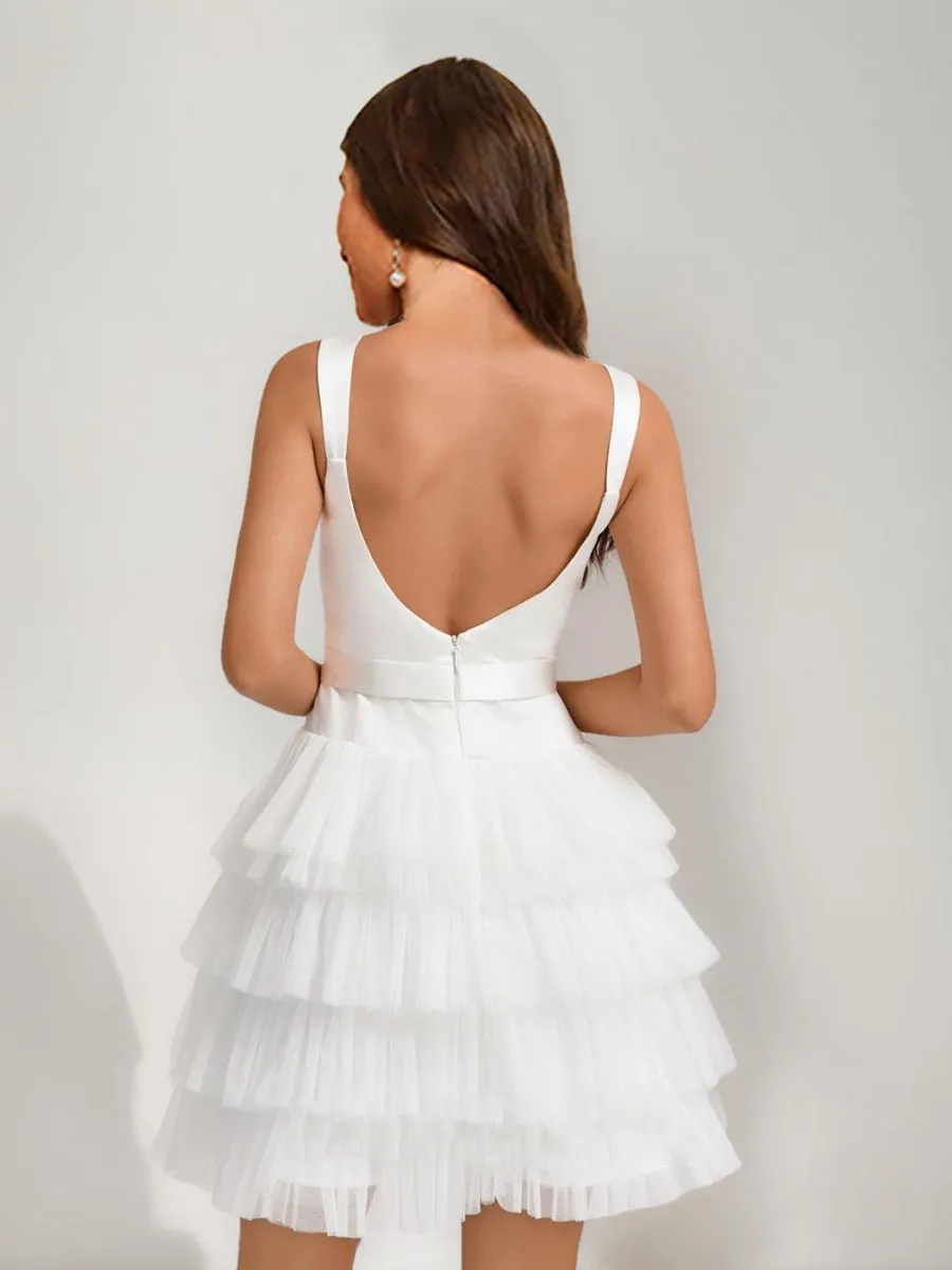 A-Line/Princess Square Sleeveless Tiered Short Homecoming Dresses with Bow sold by Lavetir product image thumbnail 2