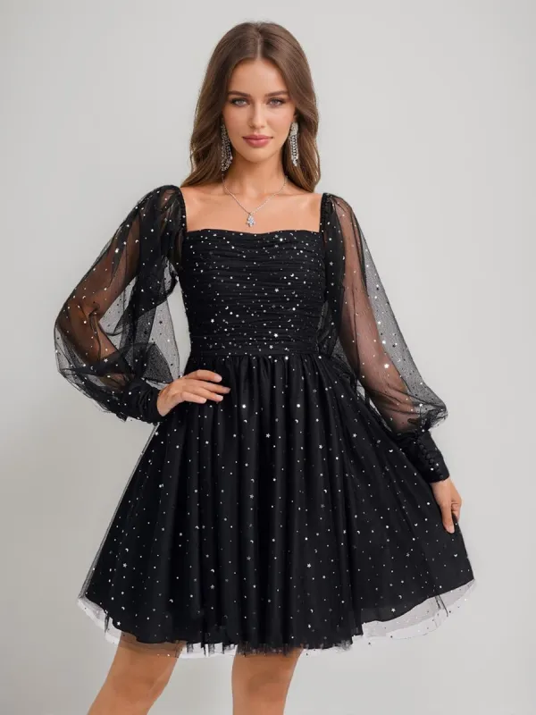 A-Line/Princess Square Long Sleeves Tulle Short Homecoming Dresses with Sequins sold by Lavetir