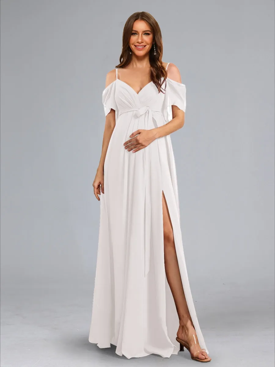 A-Line/Princess Cold Shoulder Ruched Floor-Length Maternity Dresses with Side Slit & Sash sold by Lavetir