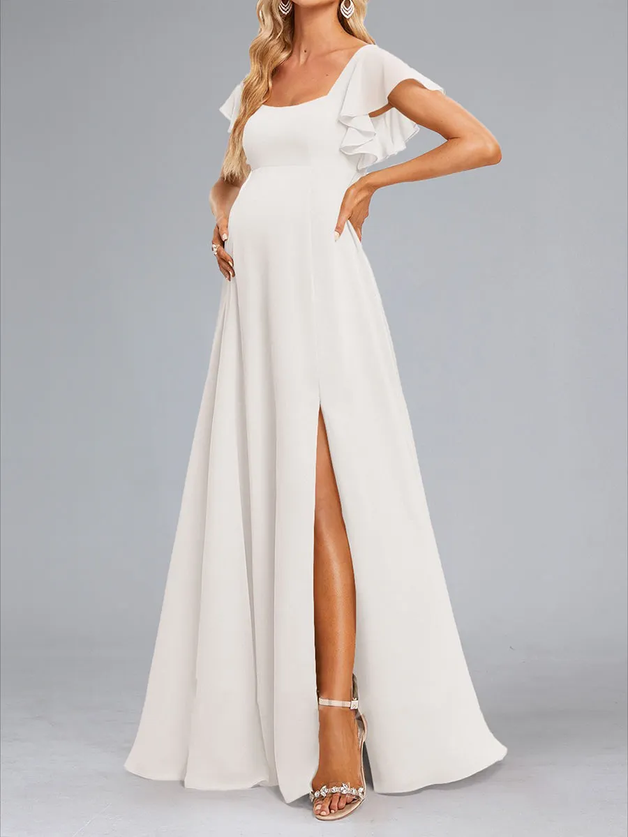 Chiffon A-Line/Princess Square Neck Maternity Dresses with Ruffles & Split Side sold by Lavetir product image thumbnail 4