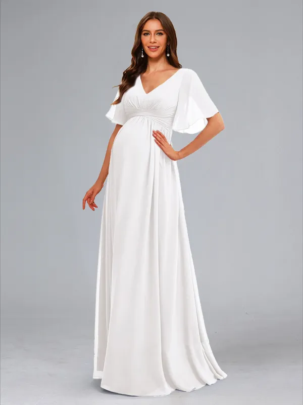A-Line/Princess V-Neck Ruched Flutter Sleeves Long Maternity Dresses with Ruffles sold by Lavetir