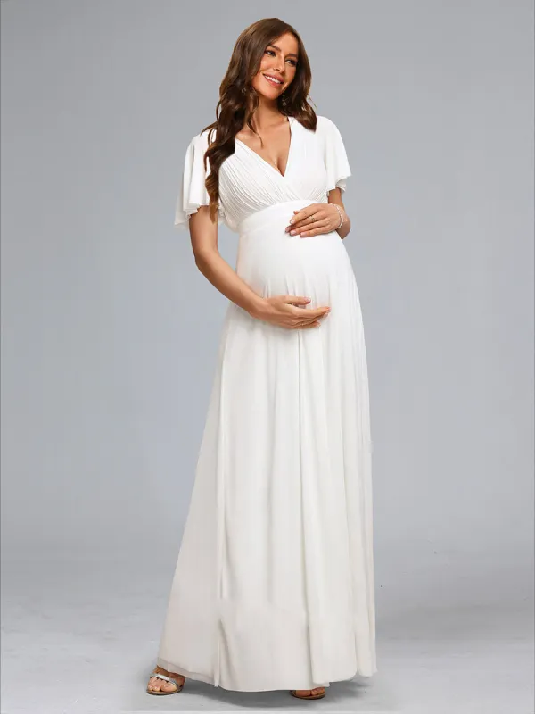 A-Line/Princess V-Neck Ruched Floor-Length Maternity Dresses with Ruffles sold by Lavetir