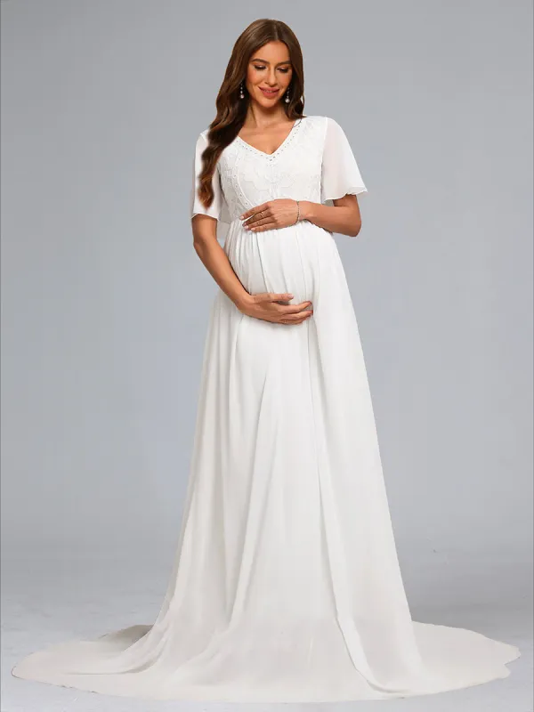 A-Line/Princess V-Neck Short Sleeves Maternity Dresses with Embroidery Appliques sold by Lavetir