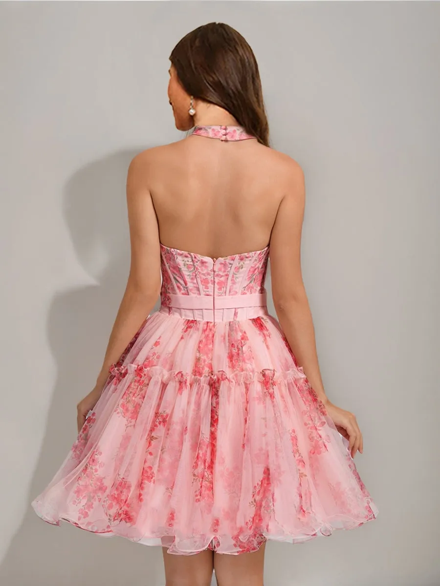 A-Line/Princess Sweetheart Printed Floral Short Homecoming Dresses with Ruffles sold by Lavetir product image thumbnail 2
