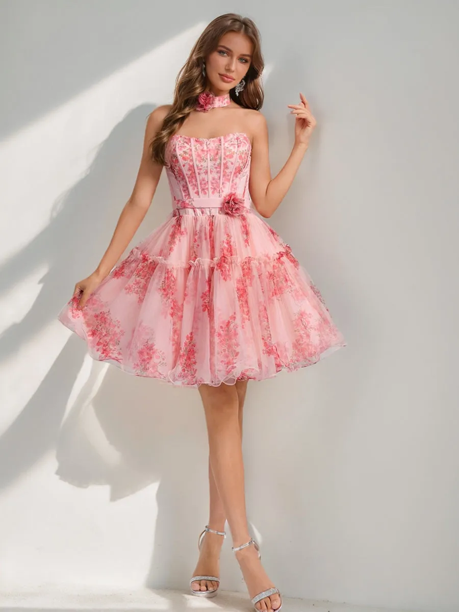A-Line/Princess Sweetheart Printed Floral Short Homecoming Dresses with Ruffles sold by Lavetir product image thumbnail 4
