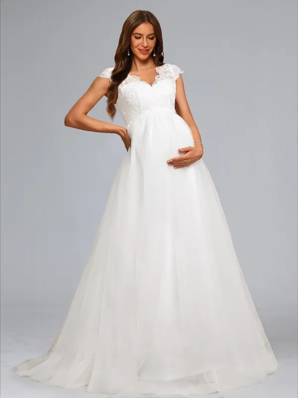 A-Line/Princess V-Neck Long Tulle Luxurious Maternity Dresses with Appliques sold by Lavetir