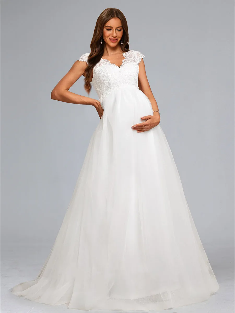 A-Line/Princess V-Neck Long Tulle Luxurious Maternity Dresses with Appliques sold by Lavetir